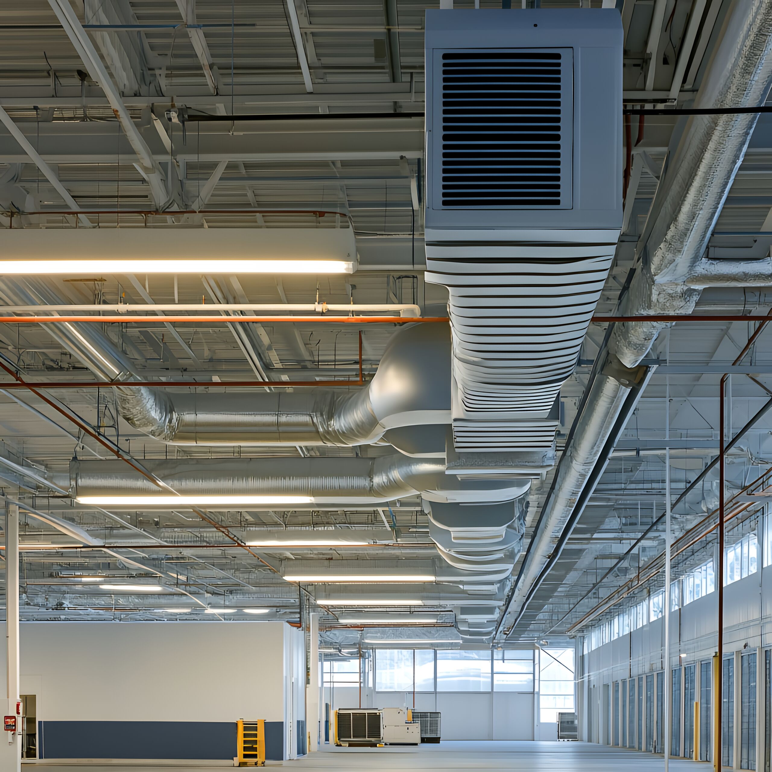 Industrial building interior with large ventilation system.